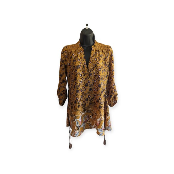 Jolt Mustard Yellow Floral Long Sleeve Sheer Flowy Light Boho Blouse Size Small - Picture 1 of 6